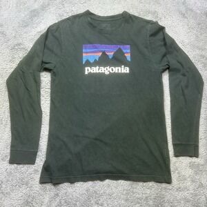 Patagonia Shop Sticker Logo Shirt Men's S Black Long Sleeve Graphic Outdoor Hike